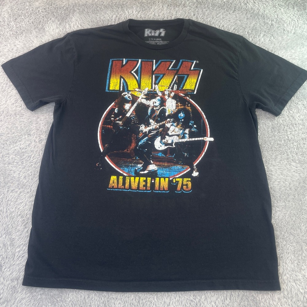 KISS T Shirt Mens‎ Large Black Alive In 75 Graphic Band Tee Rock Short Sleeve